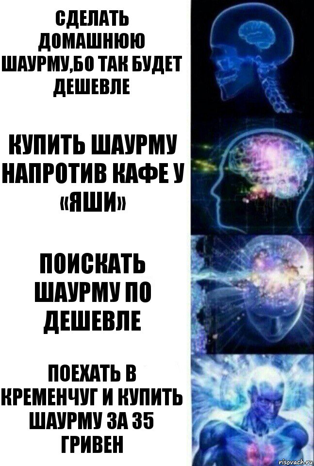 Сделать домашнюю шаурму,бо так будет дешевле Купить шаурму напротив кафе у «Яши» Поискать шаурму по дешевле Поехать в Кременчуг и купить шаурму за 35 гривен, Комикс  Сверхразум