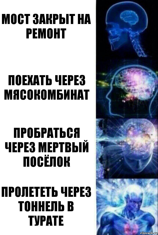 Мост закрыт на ремонт Поехать через мясокомбинат Пробраться через мертвый посёлок Пролететь через тоннель в Турате, Комикс  Сверхразум