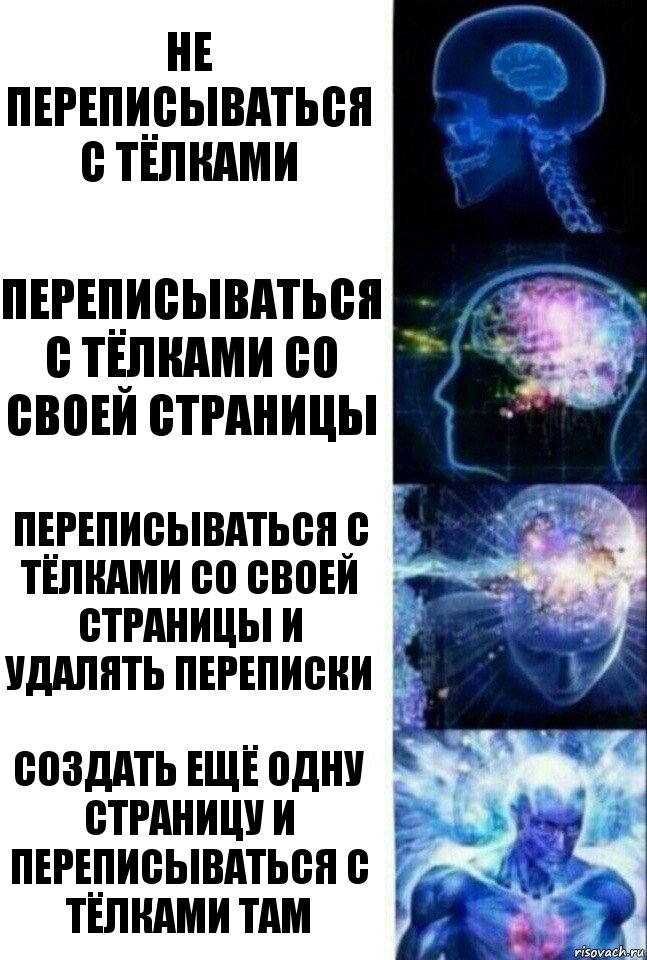 Не переписываться с тёлками Переписываться с тёлками со своей страницы Переписываться с тёлками со своей страницы и удалять переписки Создать ещё одну страницу и переписываться с тёлками там, Комикс  Сверхразум