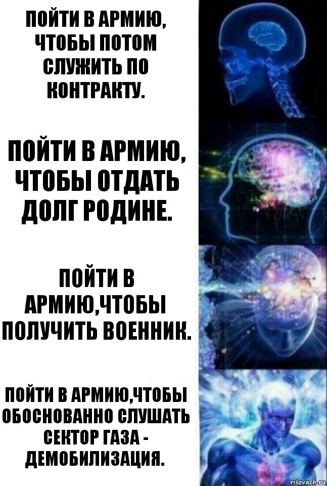 Пойти в армию, чтобы потом служить по контракту. Пойти в армию, чтобы отдать долг родине. Пойти в армию,чтобы получить военник. Пойти в армию,чтобы обоснованно слушать Сектор Газа - Демобилизация., Комикс  Сверхразум