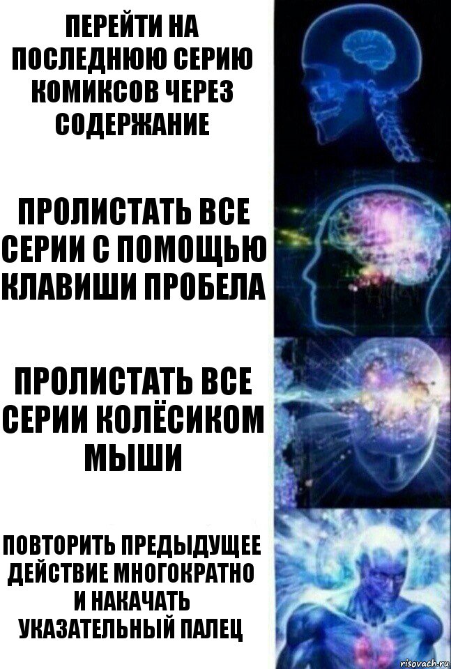 Перейти на последнюю серию комиксов через содержание Пролистать все серии с помощью клавиши пробела Пролистать все серии колёсиком мыши Повторить предыдущее действие многократно и накачать указательный палец, Комикс  Сверхразум