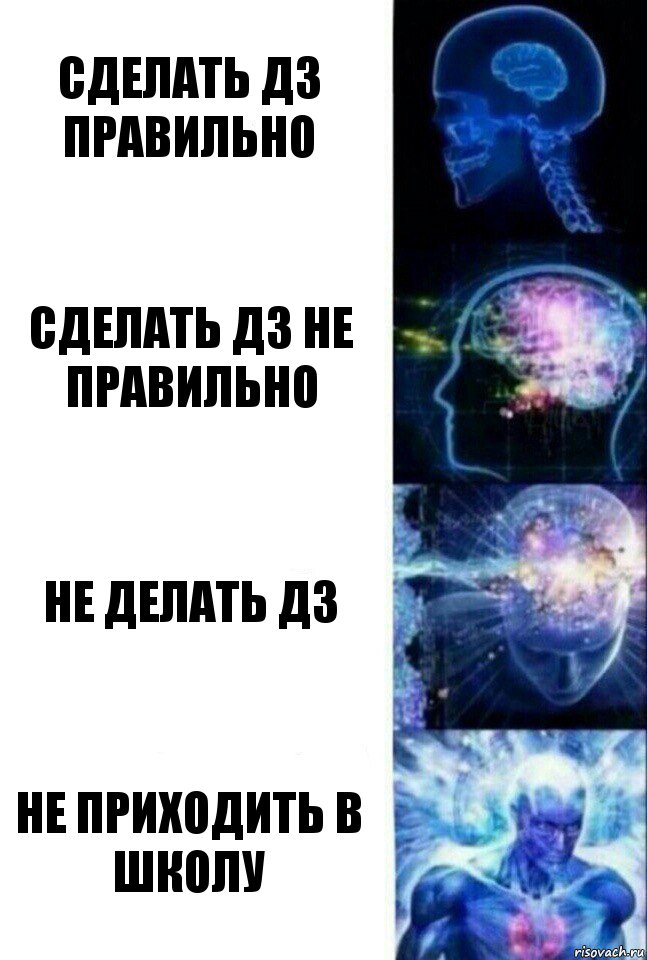 СДЕЛАТЬ ДЗ ПРАВИЛЬНО СДЕЛАТЬ ДЗ НЕ ПРАВИЛЬНО НЕ ДЕЛАТЬ ДЗ НЕ ПРИХОДИТЬ В ШКОЛУ, Комикс  Сверхразум