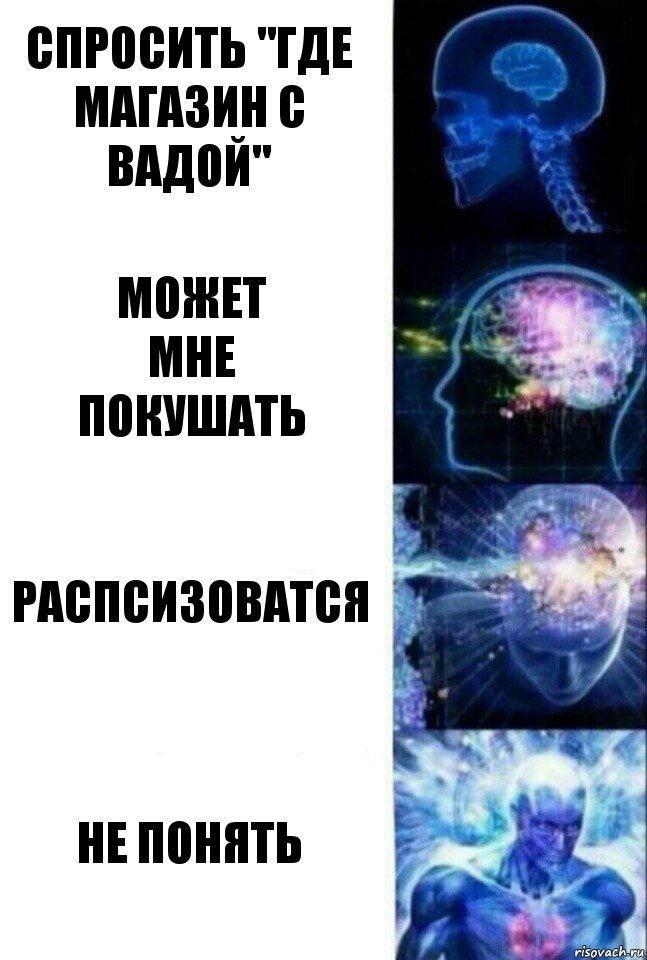 Спросить "где магазин с вадой" Может
Мне
Покушать Распсизоватся Не понять, Комикс  Сверхразум