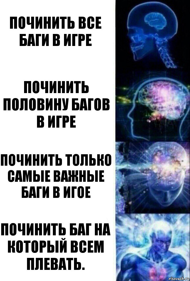 Починить все баги в игре Починить половину багов в игре Починить только самые важные баги в игое Починить баг на который всем плевать., Комикс  Сверхразум