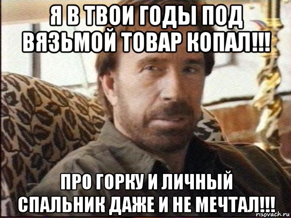 я в твои годы под вязьмой товар копал!!! про горку и личный спальник даже и не мечтал!!!, Мем чак норрис