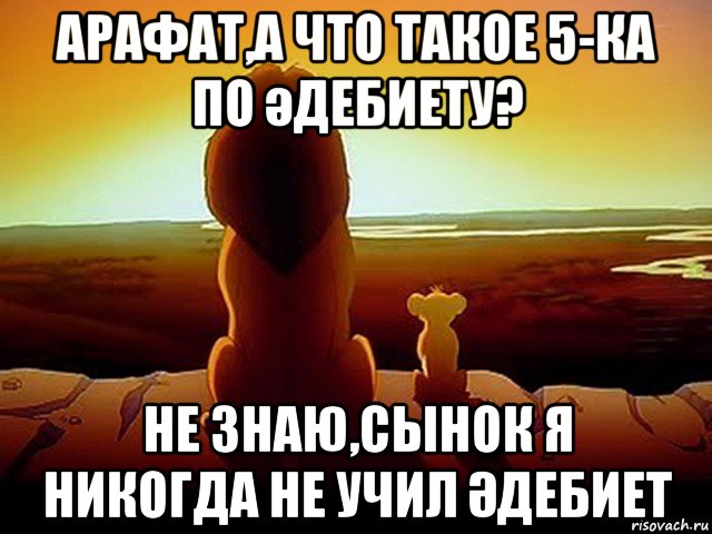 арафат,а что такое 5-ка по әдебиету? не знаю,сынок я никогда не учил Әдебиет, Мем  король лев