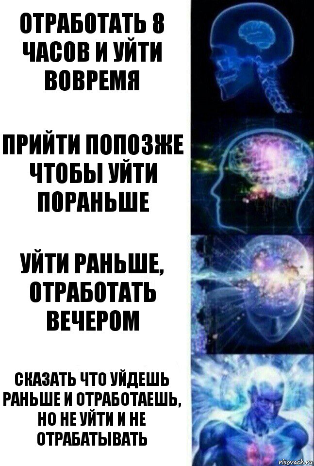 Отработать 8 часов и уйти вовремя Прийти попозже чтобы уйти пораньше Уйти раньше, отработать вечером Сказать что уйдешь раньше и отработаешь, но не уйти и не отрабатывать, Комикс  Сверхразум