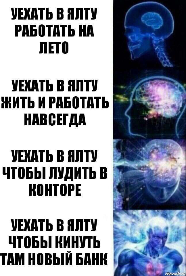 Уехать в Ялту работать на лето Уехать в Ялту жить и работать навсегда Уехать в Ялту чтобы лудить в конторе Уехать в Ялту чтобы кинуть там новый банк, Комикс  Сверхразум