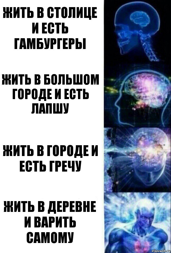 жить в столице и есть гамбургеры жить в большом городе и есть лапшу жить в городе и есть гречу жить в деревне и варить самому