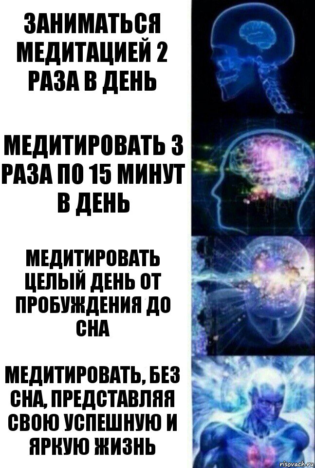 Заниматься медитацией 2 раза в день Медитировать 3 раза по 15 минут в день Медитировать целый день от пробуждения до сна Медитировать, без сна, представляя свою успешную и яркую жизнь, Комикс  Сверхразум