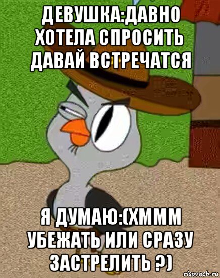 девушка:давно хотела спросить давай встречатся я думаю:(хммм убежать или сразу застрелить ?), Мем    Упоротая сова