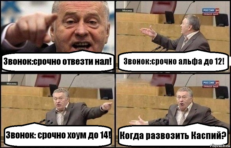 Звонок:срочно отвезти нал! Звонок:срочно альфа до 12! Звонок: срочно хоум до 14! Когда развозить Каспий?, Комикс Жириновский