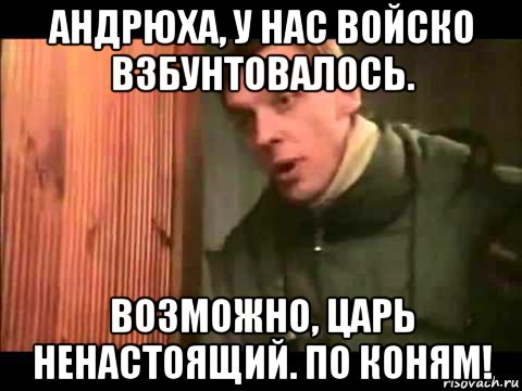 андрюха, у нас войско взбунтовалось. возможно, царь ненастоящий. по коням!, Мем Ларин по коням