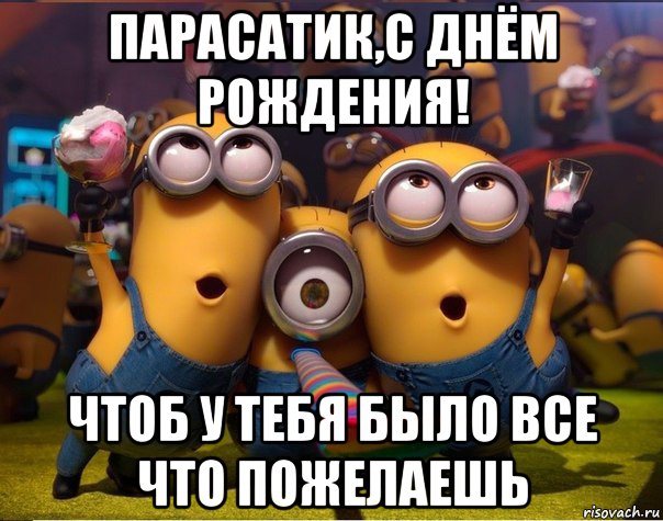 парасатик,с днём рождения! чтоб у тебя было все что пожелаешь, Мем   миньоны