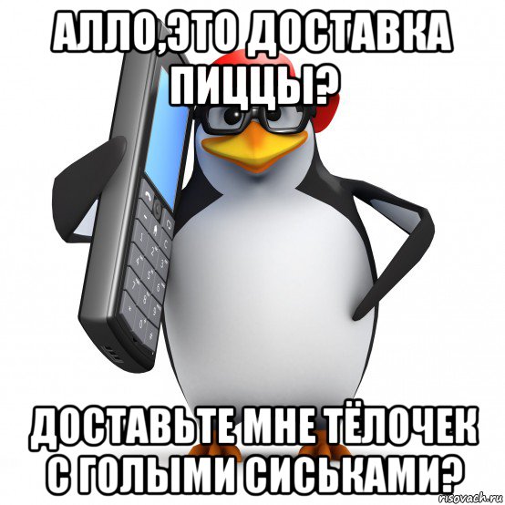 алло,это доставка пиццы? доставьте мне тёлочек с голыми сиськами?, Мем   Пингвин звонит