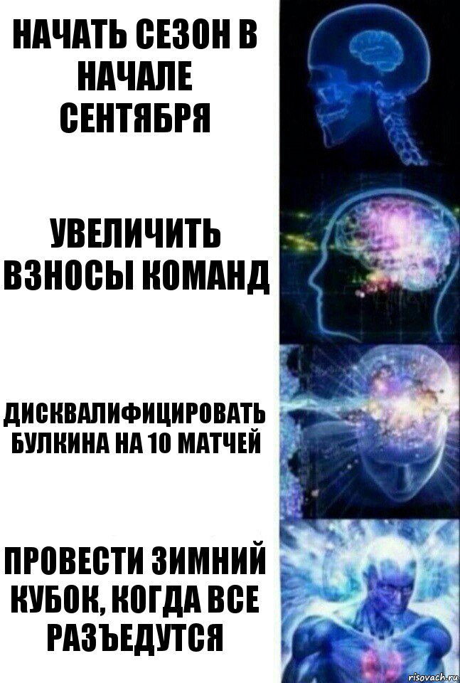 Начать сезон в начале сентября Увеличить взносы команд Дисквалифицировать Булкина на 10 матчей Провести Зимний кубок, когда все разъедутся, Комикс  Сверхразум