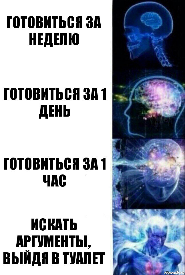 готовиться за неделю готовиться за 1 день готовиться за 1 час искать аргументы, выйдя в туалет, Комикс  Сверхразум