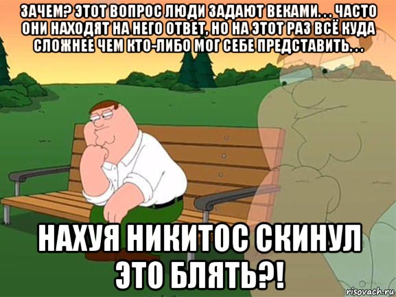 зачем? этот вопрос люди задают веками. . . часто они находят на него ответ, но на этот раз всё куда сложнее чем кто-либо мог себе представить. . . нахуя никитос скинул это блять?!, Мем Задумчивый Гриффин