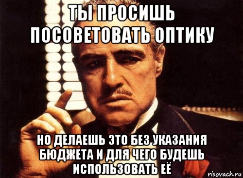 ты просишь посоветовать оптику но делаешь это без указания бюджета и для чего будешь использовать её, Мем крестный отец