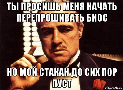 ты просишь меня начать перепрошивать биос но мой стакан до сих пор пуст, Мем крестный отец