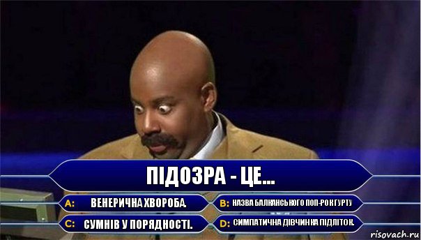 Підозра - це... Венерична хвороба. Назва балканського поп-рок гурту Сумнів у порядності. Симпатична дівчинка підліток., Комикс      Кто хочет стать миллионером