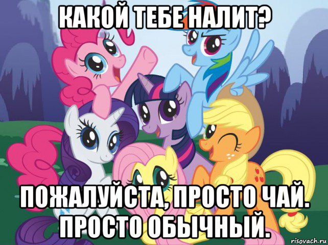 какой тебе налит? пожалуйста, просто чай. просто обычный., Мем My little pony