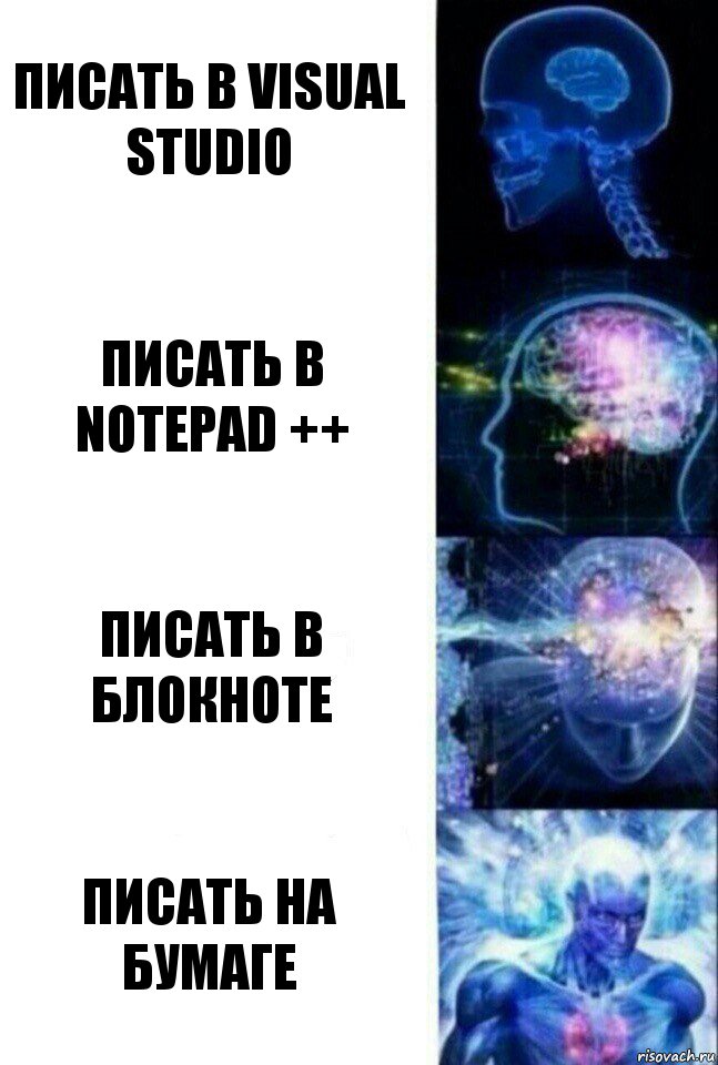 Писать в Visual studio Писать в Notepad ++ Писать в блокноте Писать на бумаге, Комикс  Сверхразум