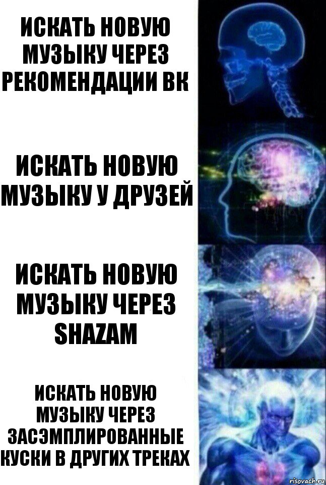 Искать новую музыку через рекомендации ВК Искать новую музыку у друзей Искать новую музыку через Shazam Искать новую музыку через засэмплированные куски в других треках, Комикс  Сверхразум