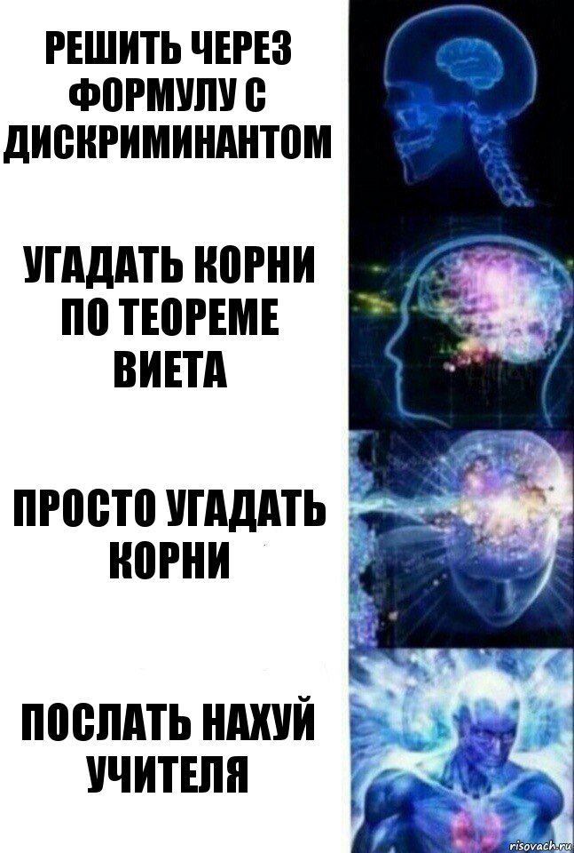 Решить через формулу с дискриминантом Угадать корни по теореме Виета Просто угадать корни Послать нахуй учителя, Комикс  Сверхразум