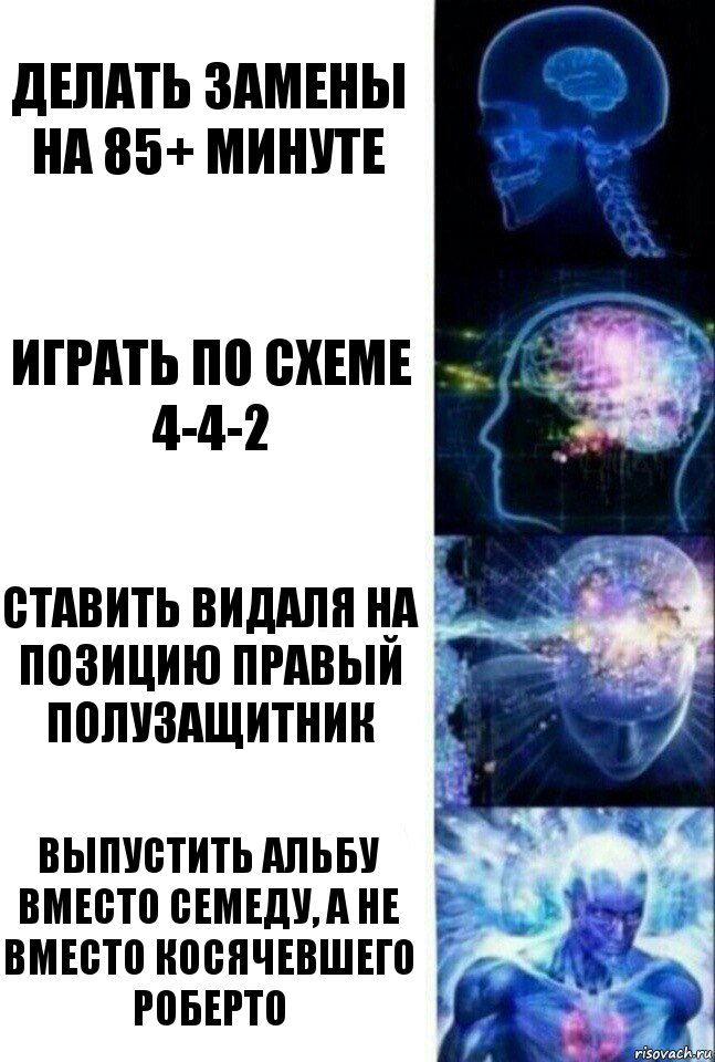 Делать замены на 85+ минуте Играть по схеме 4-4-2 Ставить Видаля на позицию правый полузащитник Выпустить Альбу вместо Семеду, а не вместо косячевшего Роберто, Комикс  Сверхразум