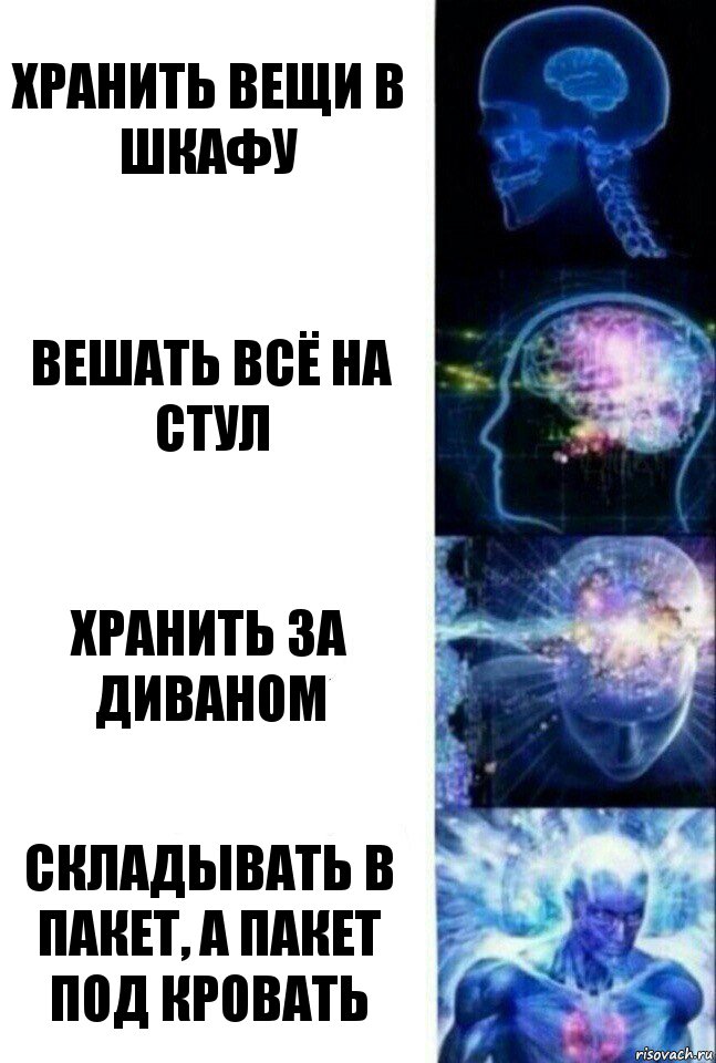 хранить вещи в шкафу вешать всё на стул хранить за диваном складывать в пакет, а пакет под кровать, Комикс  Сверхразум