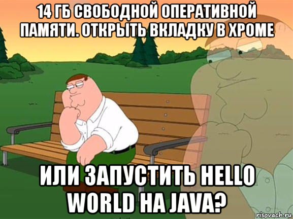 14 гб свободной оперативной памяти. открыть вкладку в хроме или запустить hello world на java?, Мем Задумчивый Гриффин