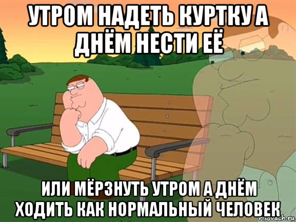 утром надеть куртку а днём нести её или мёрзнуть утром а днём ходить как нормальный человек, Мем Задумчивый Гриффин