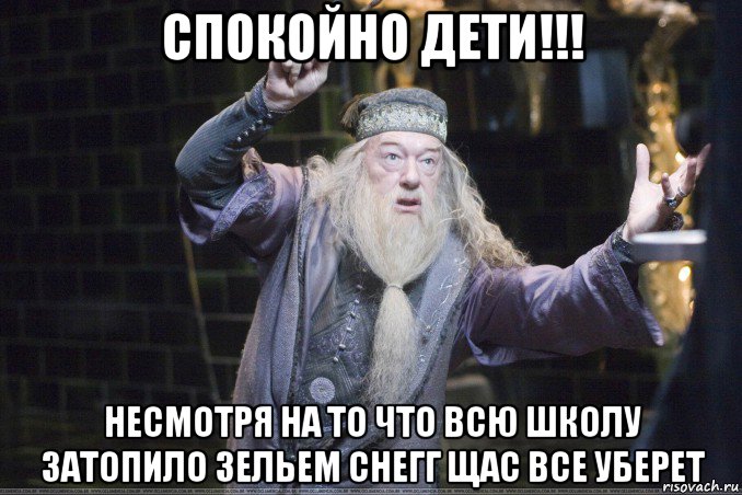 спокойно дети!!! несмотря на то что всю школу затопило зельем снегг щас все уберет, Мем  Дамблдор