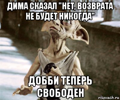 дима сказал "нет, возврата не будет никогда" добби теперь свободен, Мем Добби свободен