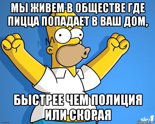 мы живем в обществе где пицца попадает в ваш дом, быстрее чем полиция или скорая, Мем    Гомер