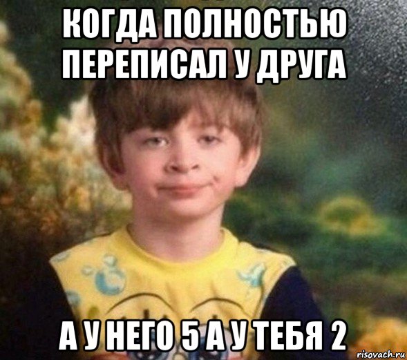 когда полностью переписал у друга а у него 5 а у тебя 2, Мем Недовольный пацан