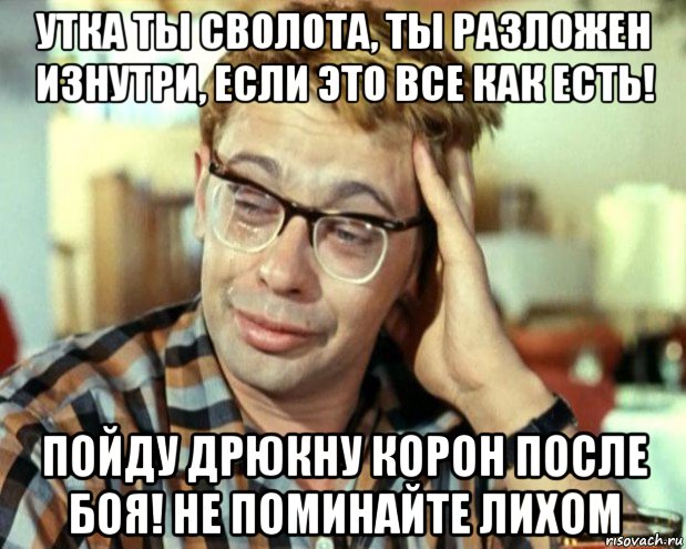 утка ты сволота, ты разложен изнутри, если это все как есть! пойду дрюкну корон после боя! не поминайте лихом, Мем Шурик (птичку жалко)