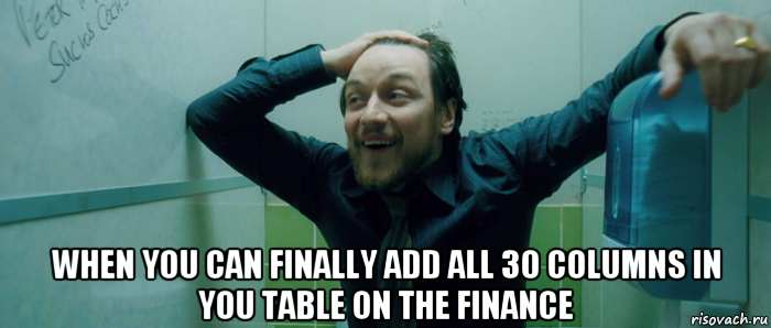  when you can finally add all 30 columns in you table on the finance, Мем  Что происходит