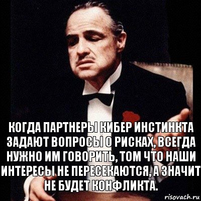 Когда партнеры Кибер Инстинкта задают вопросы о рисках, всегда нужно им говорить, том что наши интересы не пересекаются, а значит не будет конфликта.