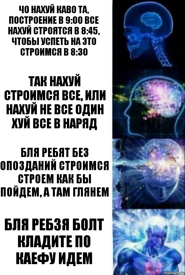 Чо нахуй каво та, построение в 9:00 все нахуй строятся в 8:45, чтобы успеть на это строимся в 8:30 Так нахуй строимся все, или нахуй не все один хуй все в наряд Бля ребят без опозданий строимся строем как бы пойдем, а там глянем Бля ребзя болт кладите по каефу идем, Комикс  Сверхразум