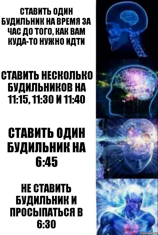 ставить один будильник на время за час до того, как вам куда-то нужно идти ставить несколько будильников на 11:15, 11:30 и 11:40 ставить один будильник на 6:45 не ставить будильник и просыпаться в 6:30, Комикс  Сверхразум