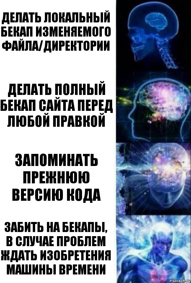 Делать локальный бекап изменяемого файла/директории Делать полный бекап сайта перед любой правкой Запоминать прежнюю версию кода Забить на бекапы, в случае проблем ждать изобретения машины времени, Комикс  Сверхразум