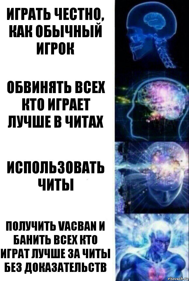 Играть честно, как обычный игрок Обвинять всех кто играет лучше в читах Использовать читы Получить VacBan и банить всех кто играт лучше за читы без доказательств, Комикс  Сверхразум