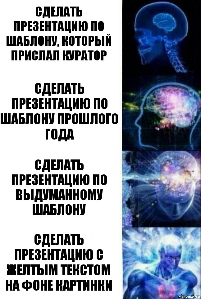 Сделать презентацию по шаблону, который прислал куратор Сделать презентацию по шаблону прошлого года Сделать презентацию по выдуманному шаблону Сделать презентацию с желтым текстом на фоне картинки, Комикс  Сверхразум