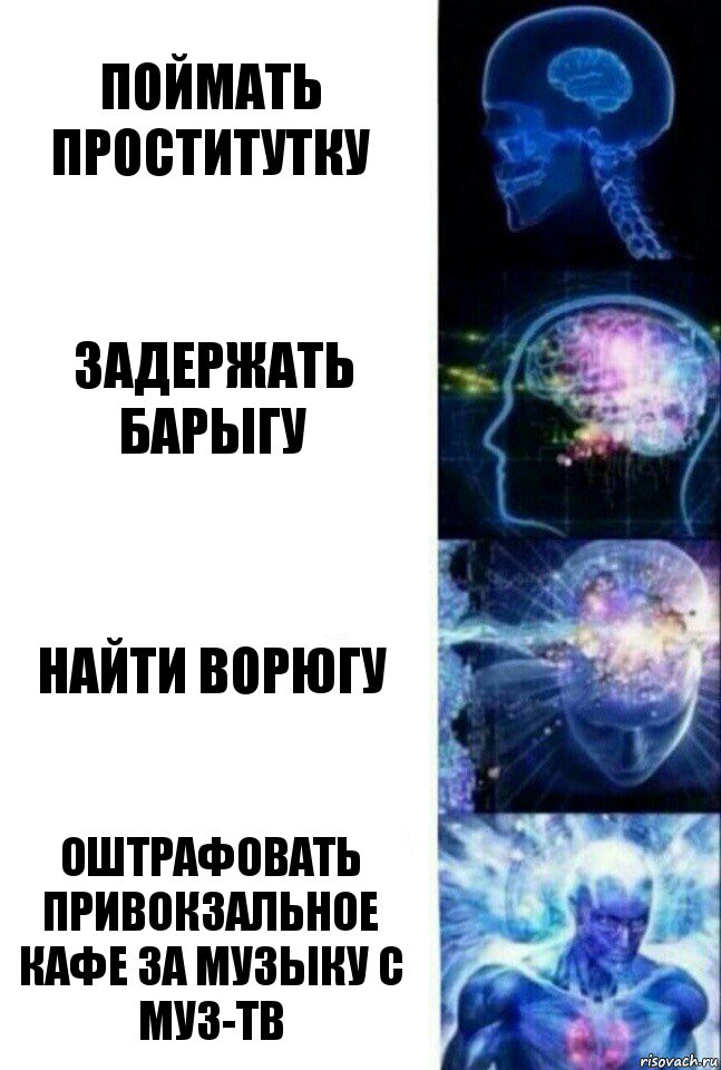 Поймать проститутку Задержать барыгу Найти ворюгу Оштрафовать привокзальное кафе за музыку с муз-тв, Комикс  Сверхразум