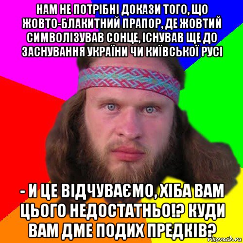 нам не потрібні докази того, що жовто-блакитний прапор, де жовтий символізував сонце, існував ще до заснування україни чи київської русі - и це відчуваємо, хіба вам цього недостатньо!? куди вам дме подих предків?, Мем Типичный долбослав