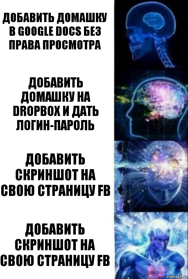 Добавить домашку в Google Docs без права просмотра Добавить домашку на dropbox и дать логин-пароль Добавить скриншот на свою страницу FB Добавить скриншот на свою страницу FB, Комикс  Сверхразум