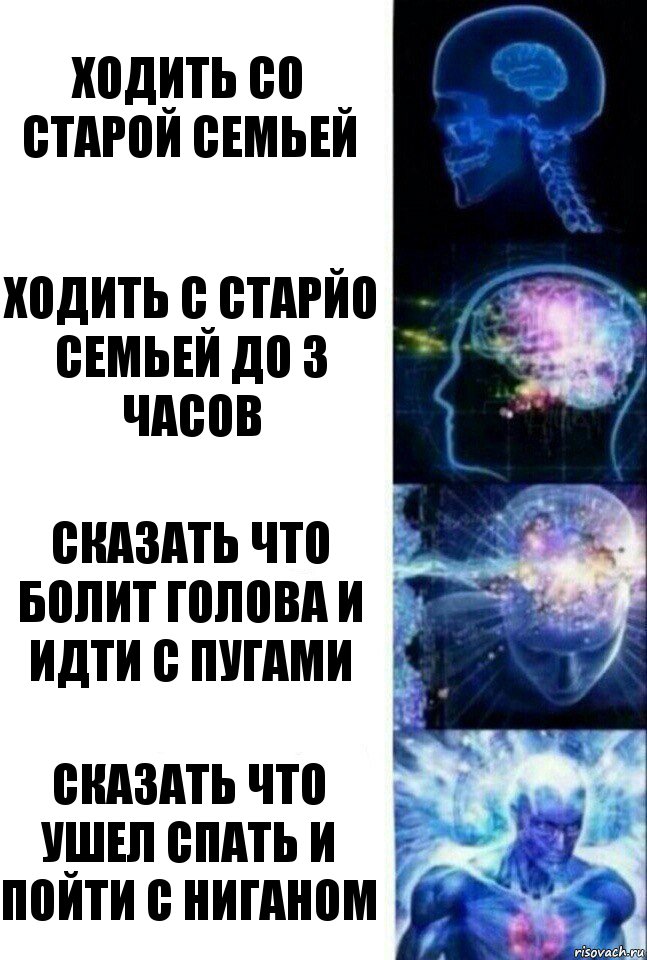 Ходить со старой семьей Ходить с старйо семьей до 3 часов Сказать что болит голова и идти с пугами Сказать что ушел спать и пойти с ниганом, Комикс  Сверхразум