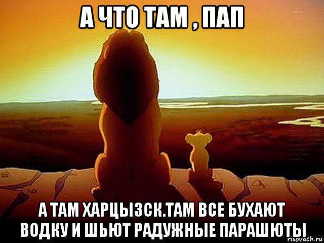 а что там , пап а там харцызск.там все бухают водку и шьют радужные парашюты, Мем  король лев